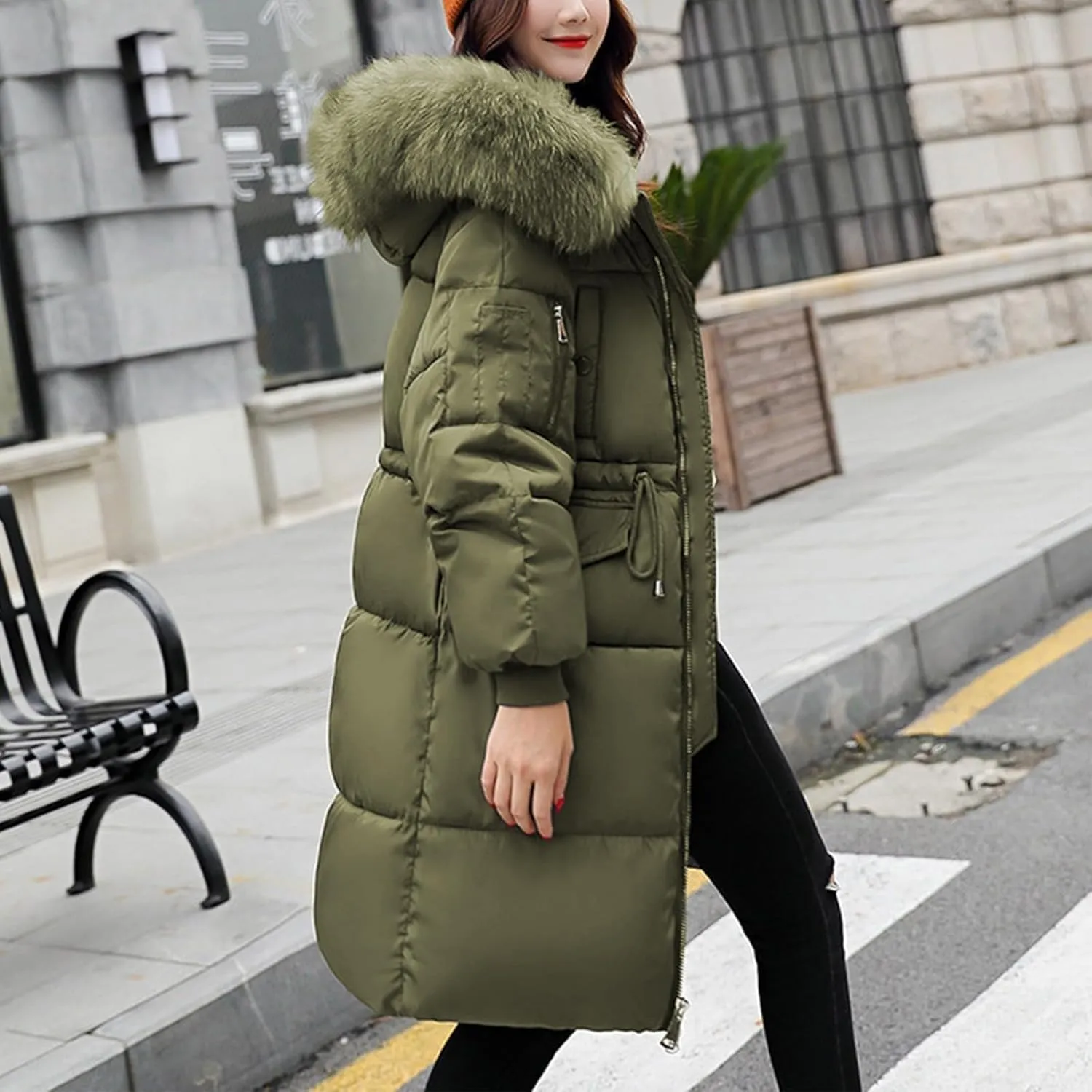 Womens Long Down Jacket with Trim Fur Hood, 2024 Winter Warm Puffer Coat Padded Down Thicken Parka Jacket Outerwear