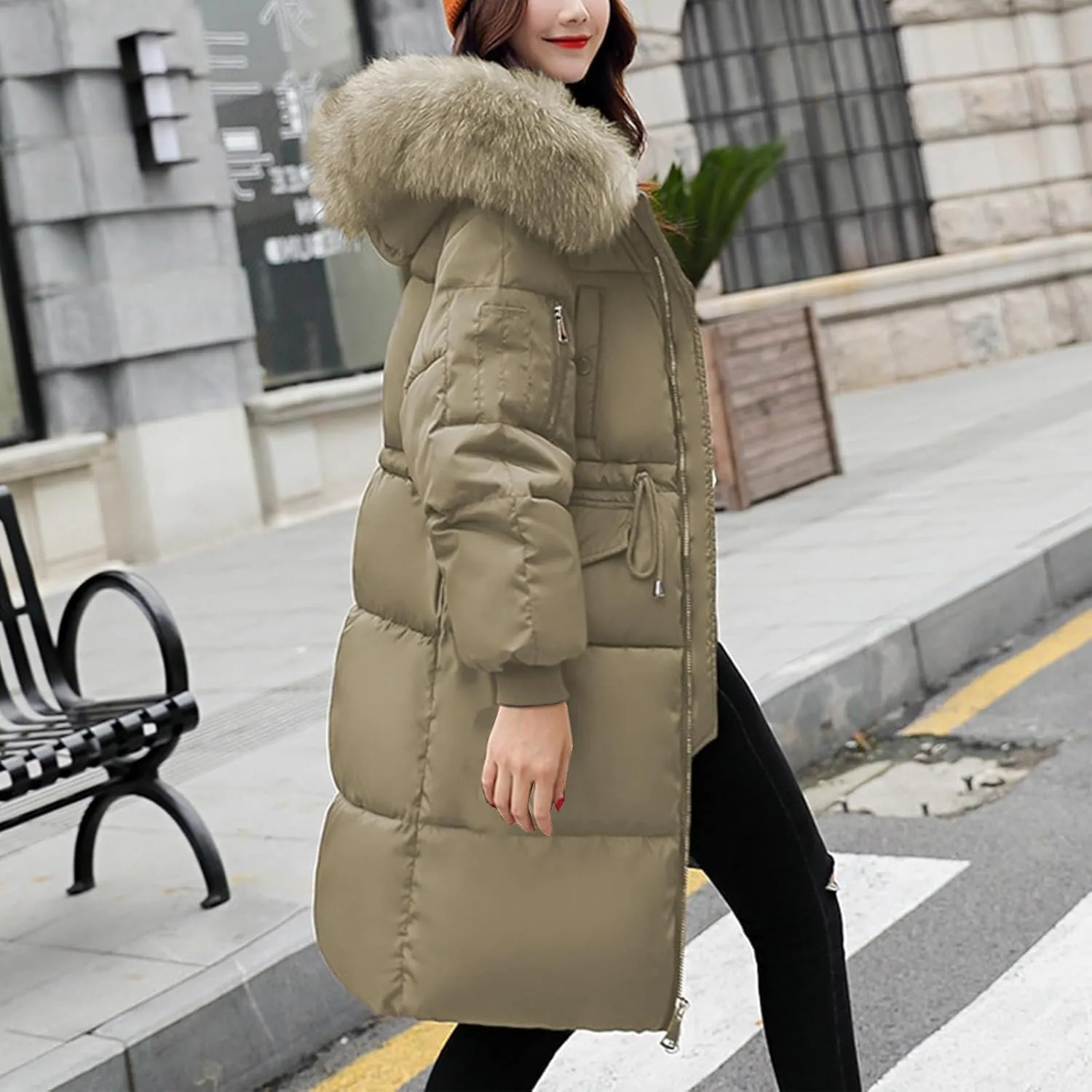 Womens Long Down Jacket with Trim Fur Hood, 2024 Winter Warm Puffer Coat Padded Down Thicken Parka Jacket Outerwear