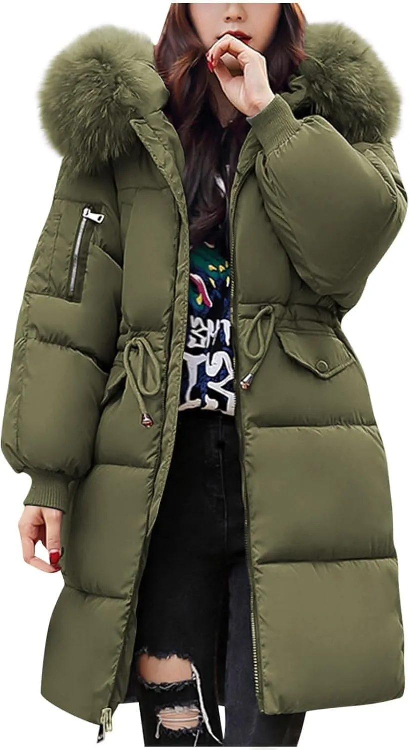 Womens Long Down Jacket with Trim Fur Hood, 2024 Winter Warm Puffer Coat Padded Down Thicken Parka Jacket Outerwear