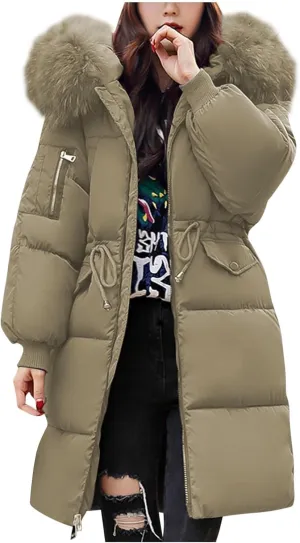 Womens Long Down Jacket with Trim Fur Hood, 2024 Winter Warm Puffer Coat Padded Down Thicken Parka Jacket Outerwear