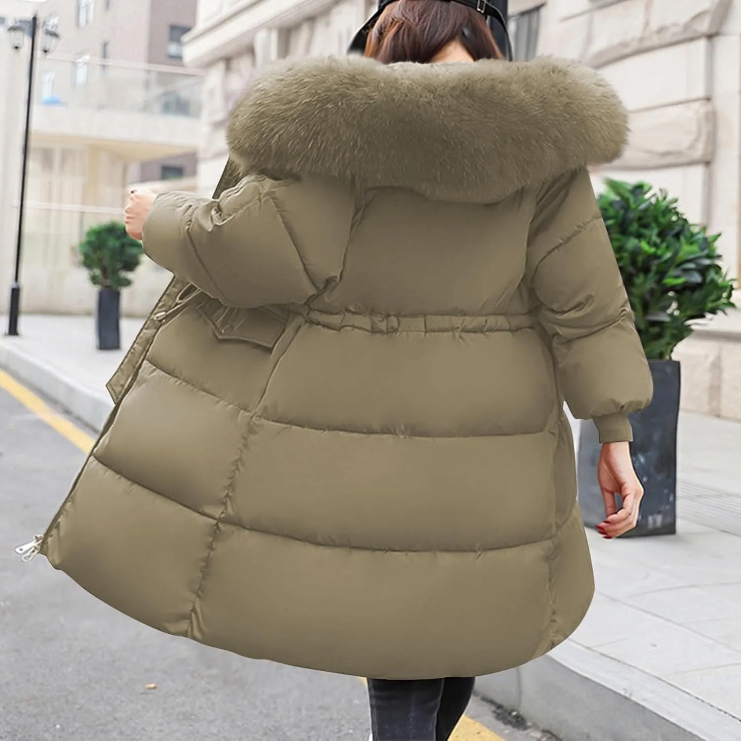 Womens Long Down Jacket with Trim Fur Hood, 2024 Winter Warm Puffer Coat Padded Down Thicken Parka Jacket Outerwear