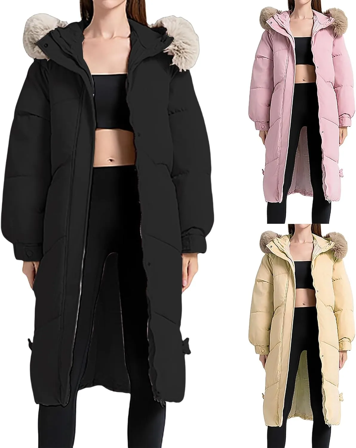 Women's Long Down Overcoats Full Zip Up Puffer Jacket Coat Thickened Warm Windproof Parkas Outwear with Faux Fur Hood