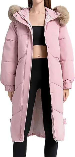 Women's Long Down Overcoats Full Zip Up Puffer Jacket Coat Thickened Warm Windproof Parkas Outwear with Faux Fur Hood