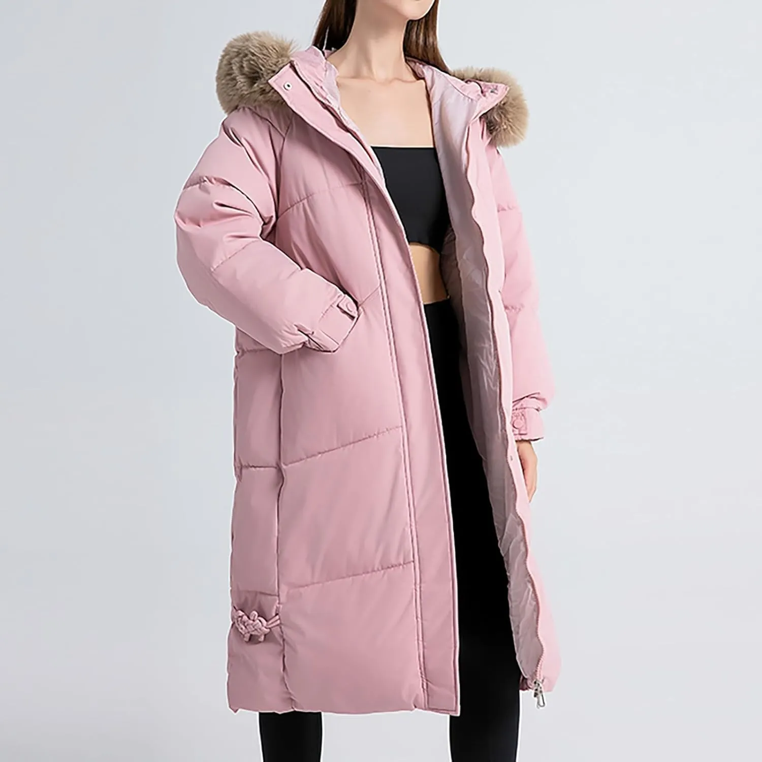 Women's Long Down Overcoats Full Zip Up Puffer Jacket Coat Thickened Warm Windproof Parkas Outwear with Faux Fur Hood