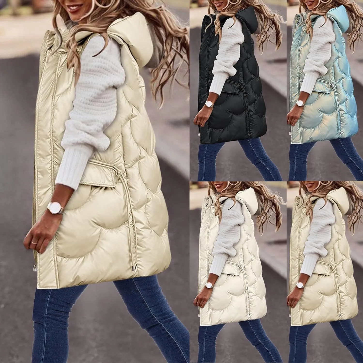 Women's Long Puffer Vest Sleeveless Long Down Jackets Winter Warm Outdoor Puffer Quilted Vest Plus Size Hooded Coats