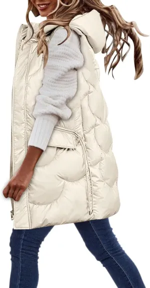 Women's Long Puffer Vest Sleeveless Long Down Jackets Winter Warm Outdoor Puffer Quilted Vest Plus Size Hooded Coats