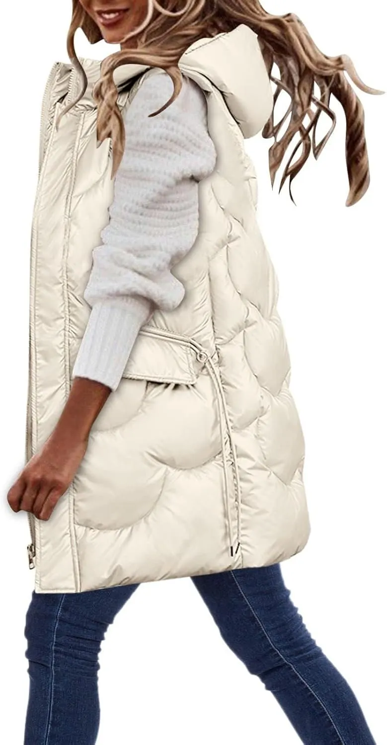 Women's Long Puffer Vest Sleeveless Long Down Jackets Winter Warm Outdoor Puffer Quilted Vest Plus Size Hooded Coats