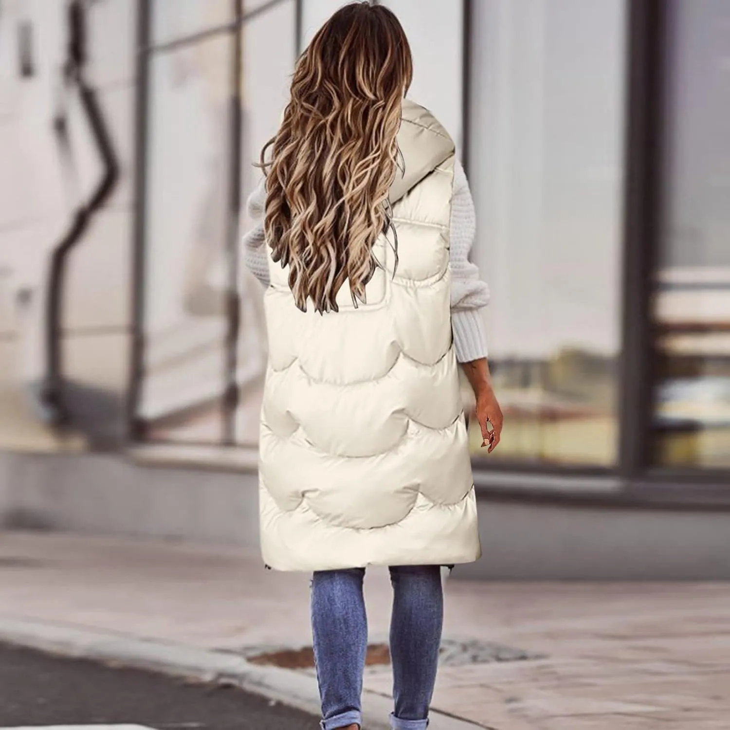 Women's Long Puffer Vest Sleeveless Long Down Jackets Winter Warm Outdoor Puffer Quilted Vest Plus Size Hooded Coats