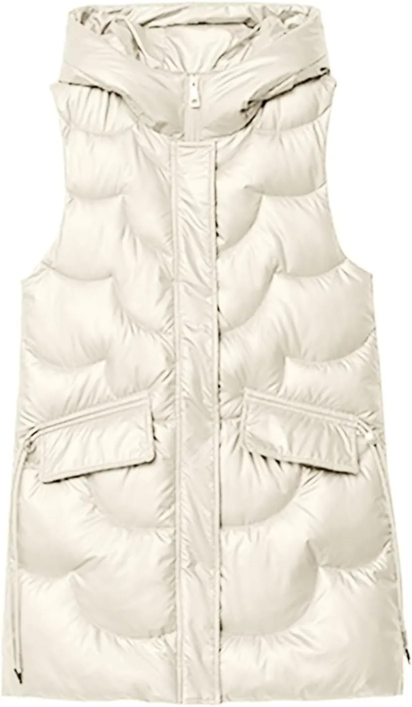 Women's Long Puffer Vest Sleeveless Long Down Jackets Winter Warm Outdoor Puffer Quilted Vest Plus Size Hooded Coats