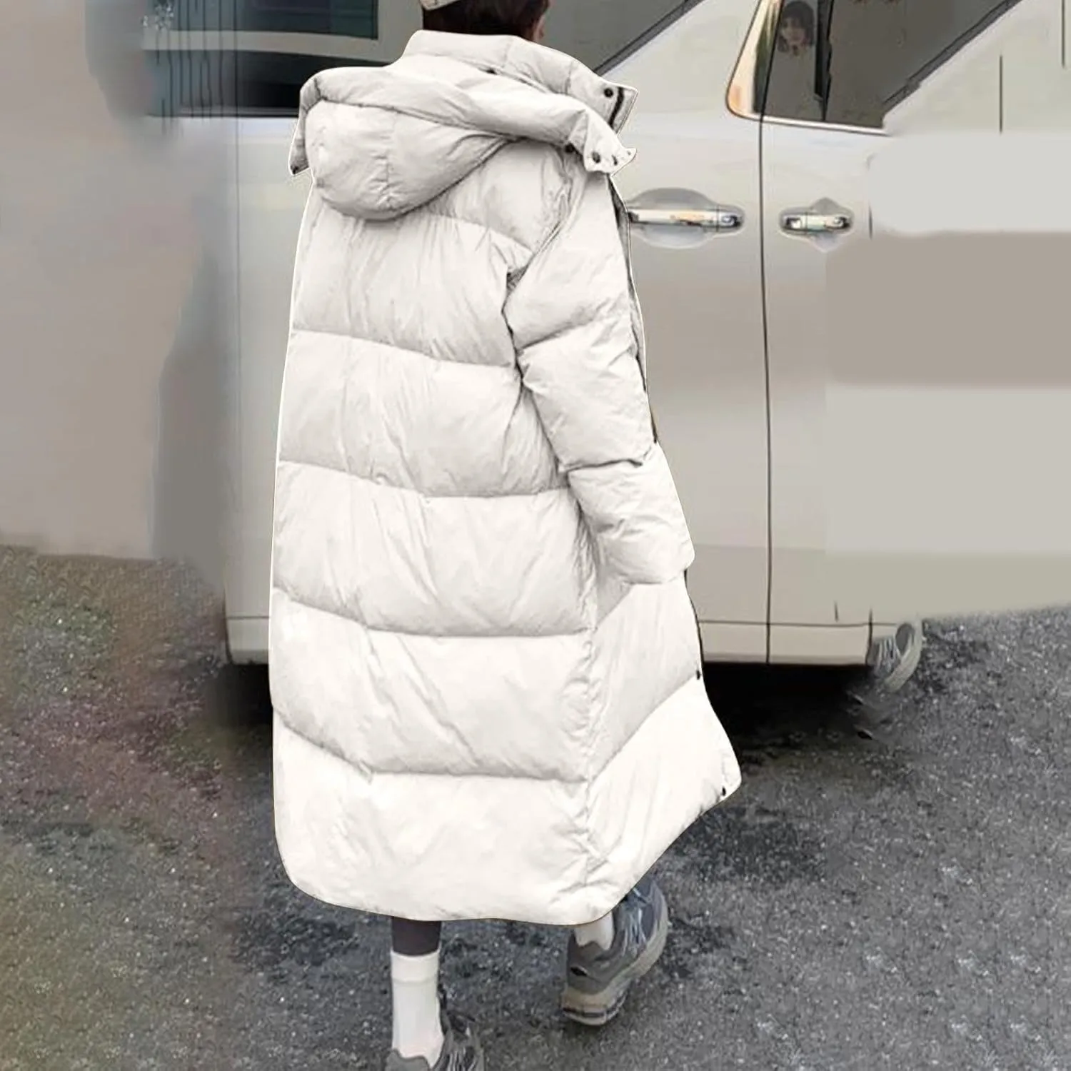 Womens Long Quilted Coat Hooded Maxi Length Long Sleeve Puffer Jacket Padded Down Coat Winter Outerwear with Pockets