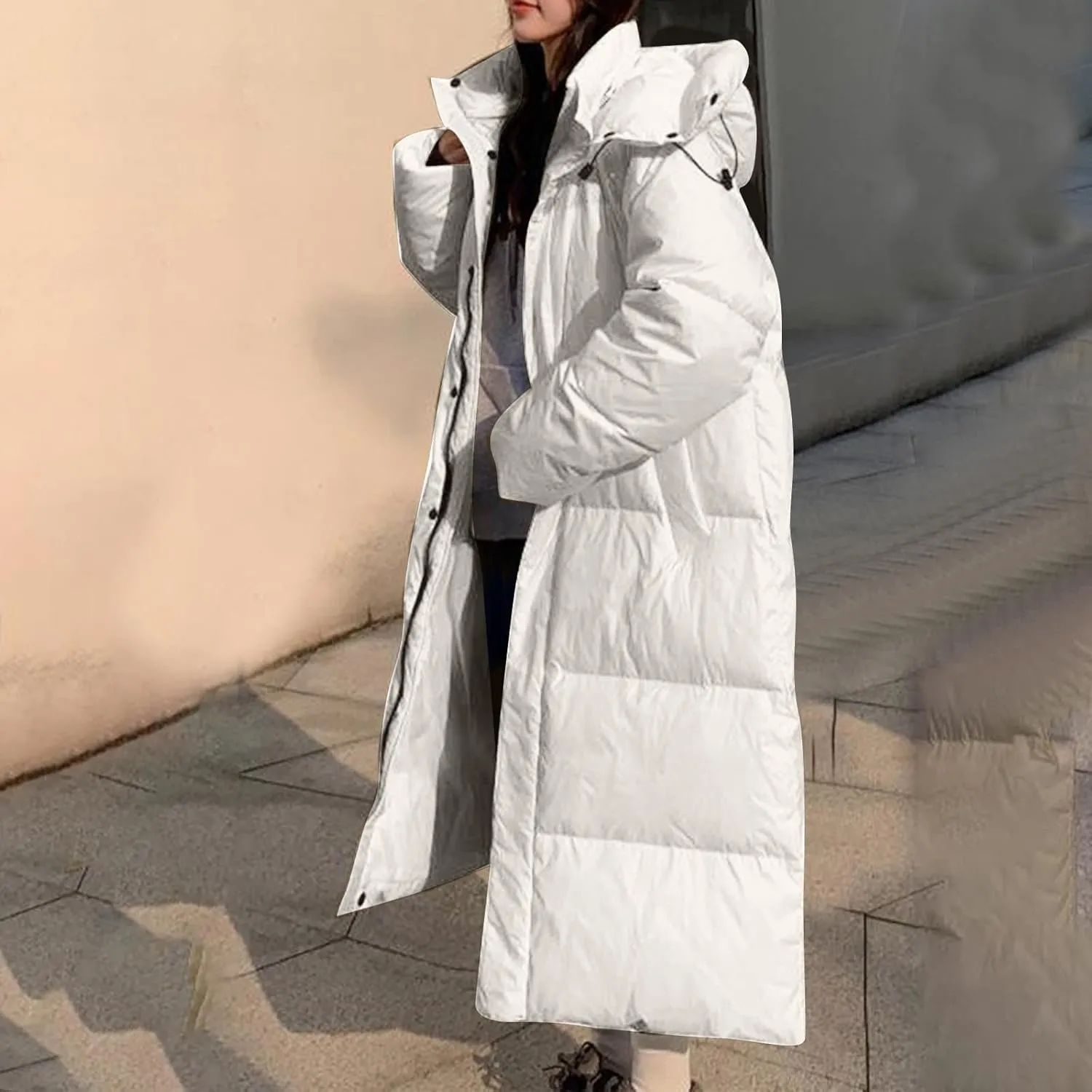 Womens Long Quilted Coat Hooded Maxi Length Long Sleeve Puffer Jacket Padded Down Coat Winter Outerwear with Pockets