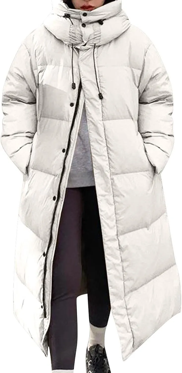 Womens Long Quilted Coat Hooded Maxi Length Long Sleeve Puffer Jacket Padded Down Coat Winter Outerwear with Pockets