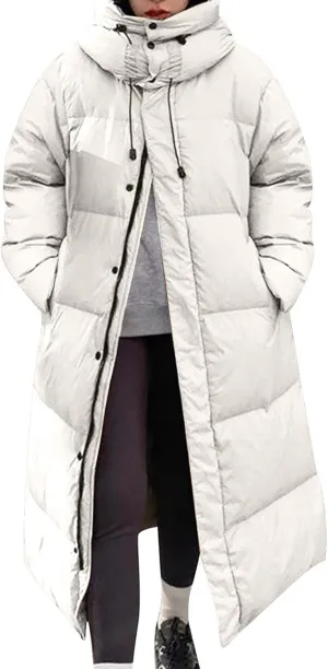 Womens Long Quilted Coat Hooded Maxi Length Long Sleeve Puffer Jacket Padded Down Coat Winter Outerwear with Pockets
