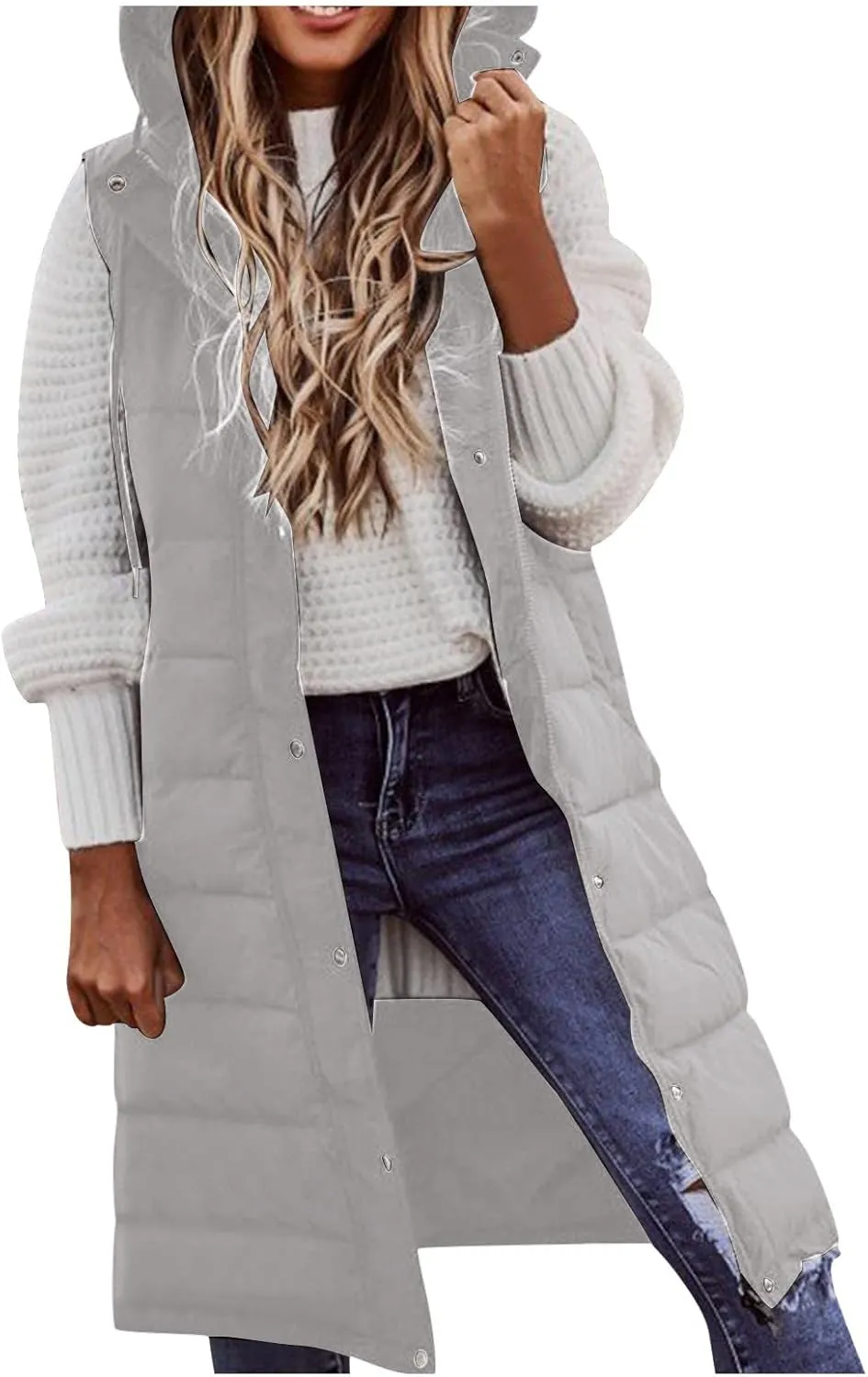 Womens Long Winter Coat Vest with Hood Trendy Sleeveless Button Zipper Puffer Jacket 2024 Fashion Daily Quilted Coats