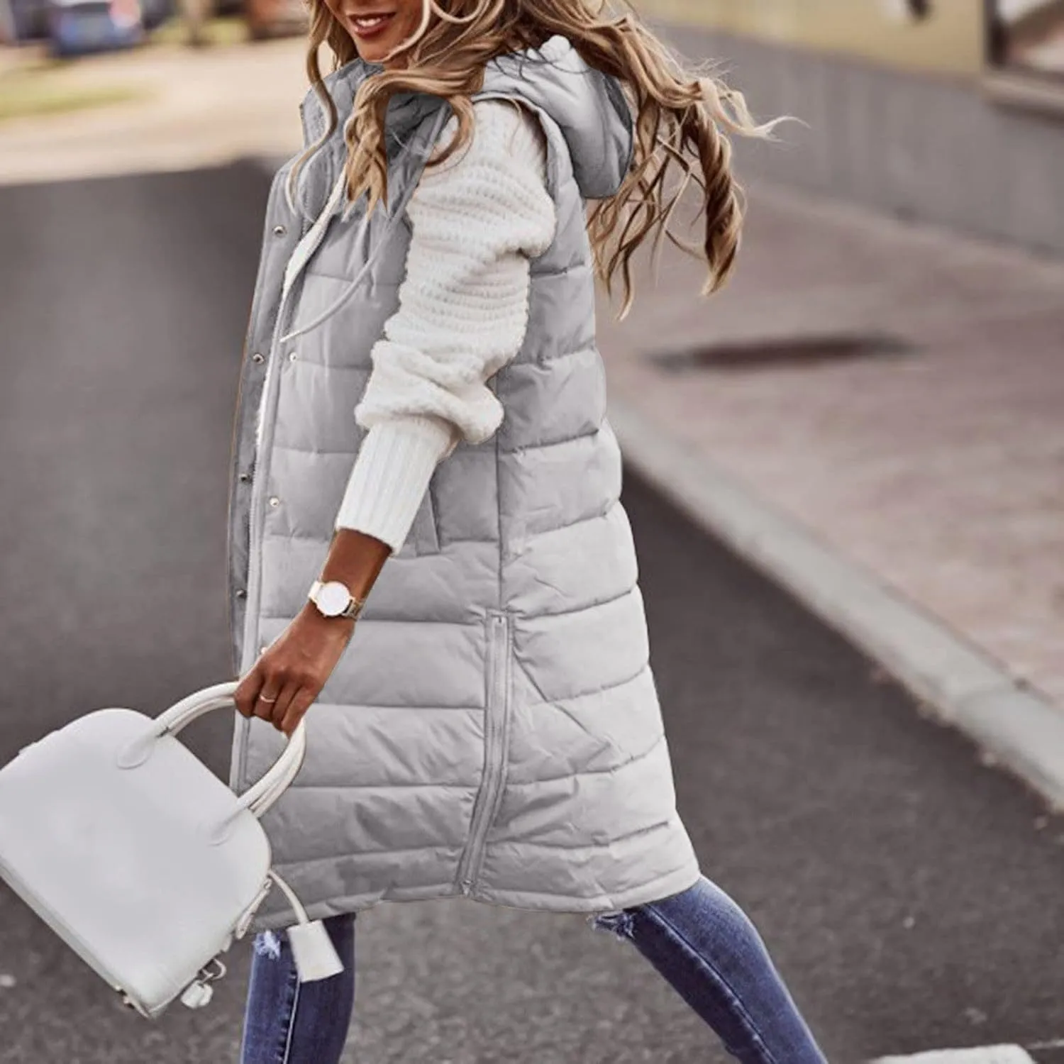 Womens Long Winter Coat Vest with Hood Trendy Sleeveless Button Zipper Puffer Jacket 2024 Fashion Daily Quilted Coats