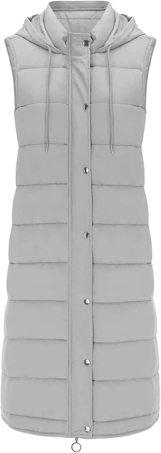 Womens Long Winter Coat Vest with Hood Trendy Sleeveless Button Zipper Puffer Jacket 2024 Fashion Daily Quilted Coats