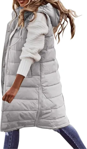 Womens Long Winter Coat Vest with Hood Trendy Sleeveless Button Zipper Puffer Jacket 2024 Fashion Daily Quilted Coats