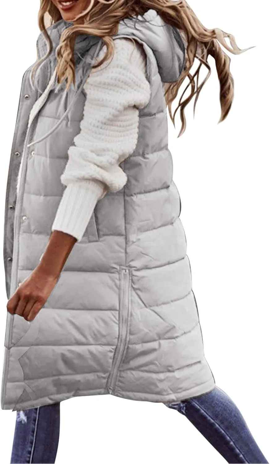 Womens Long Winter Coat Vest with Hood Trendy Sleeveless Button Zipper Puffer Jacket 2024 Fashion Daily Quilted Coats