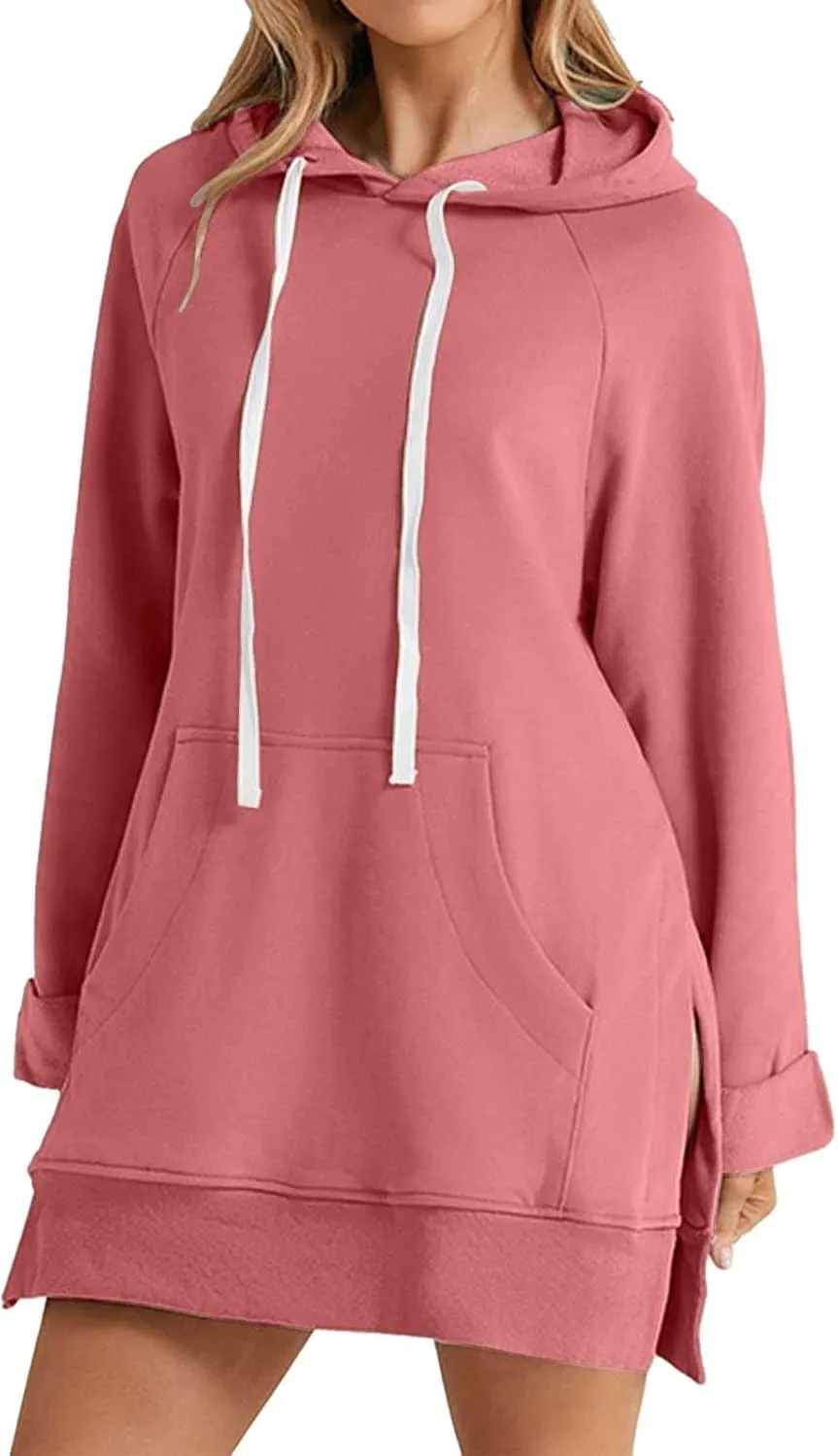 Women's Oversized Hoodie Dress Casual Pullover Long Sleeve Split Hem Sweatshirts Drawstring Hoodies Dress With Pocket