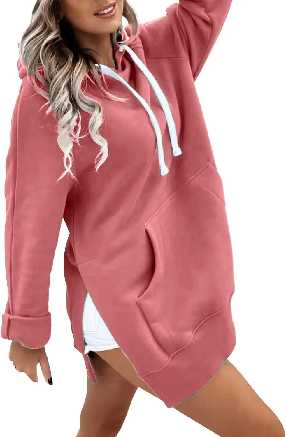Women's Oversized Hoodie Dress Casual Pullover Long Sleeve Split Hem Sweatshirts Drawstring Hoodies Dress With Pocket