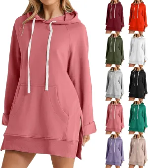 Women's Oversized Hoodie Dress Casual Pullover Long Sleeve Split Hem Sweatshirts Drawstring Hoodies Dress With Pocket