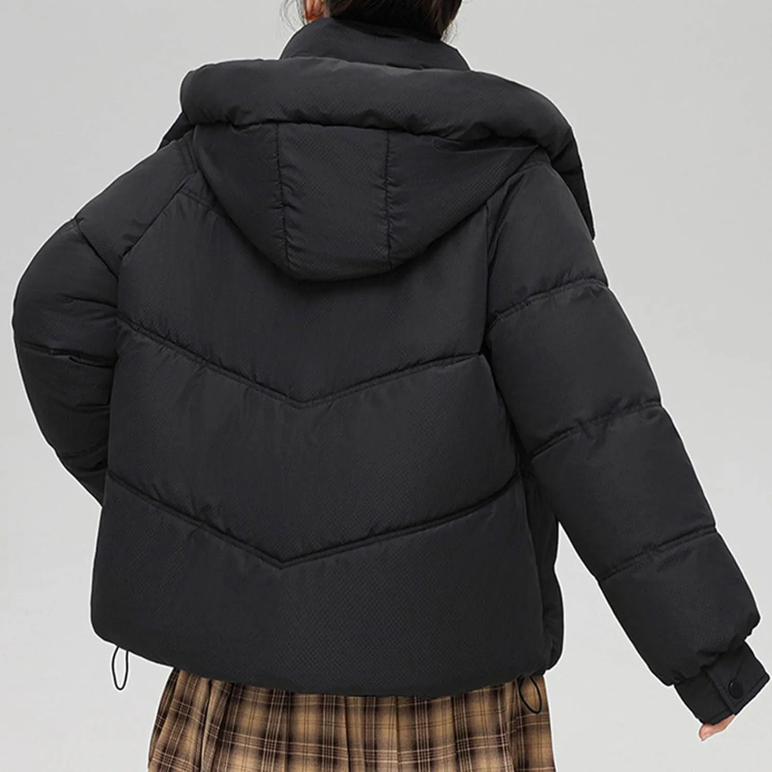 Women's Puffer Jacket Hooded Stand Collar Short Down Coat with Pockets 2024 Trendy Solid Thick Warm Parka Outerwear