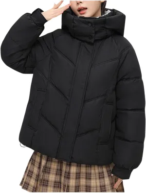 Women's Puffer Jacket Hooded Stand Collar Short Down Coat with Pockets 2024 Trendy Solid Thick Warm Parka Outerwear