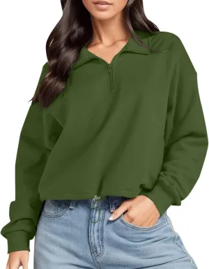 Womens Quarter Zip Pullover High Neck Sweatshirt Cropped Fleece Lined Long Sleeve Casual Tops Fall Winter Clothes