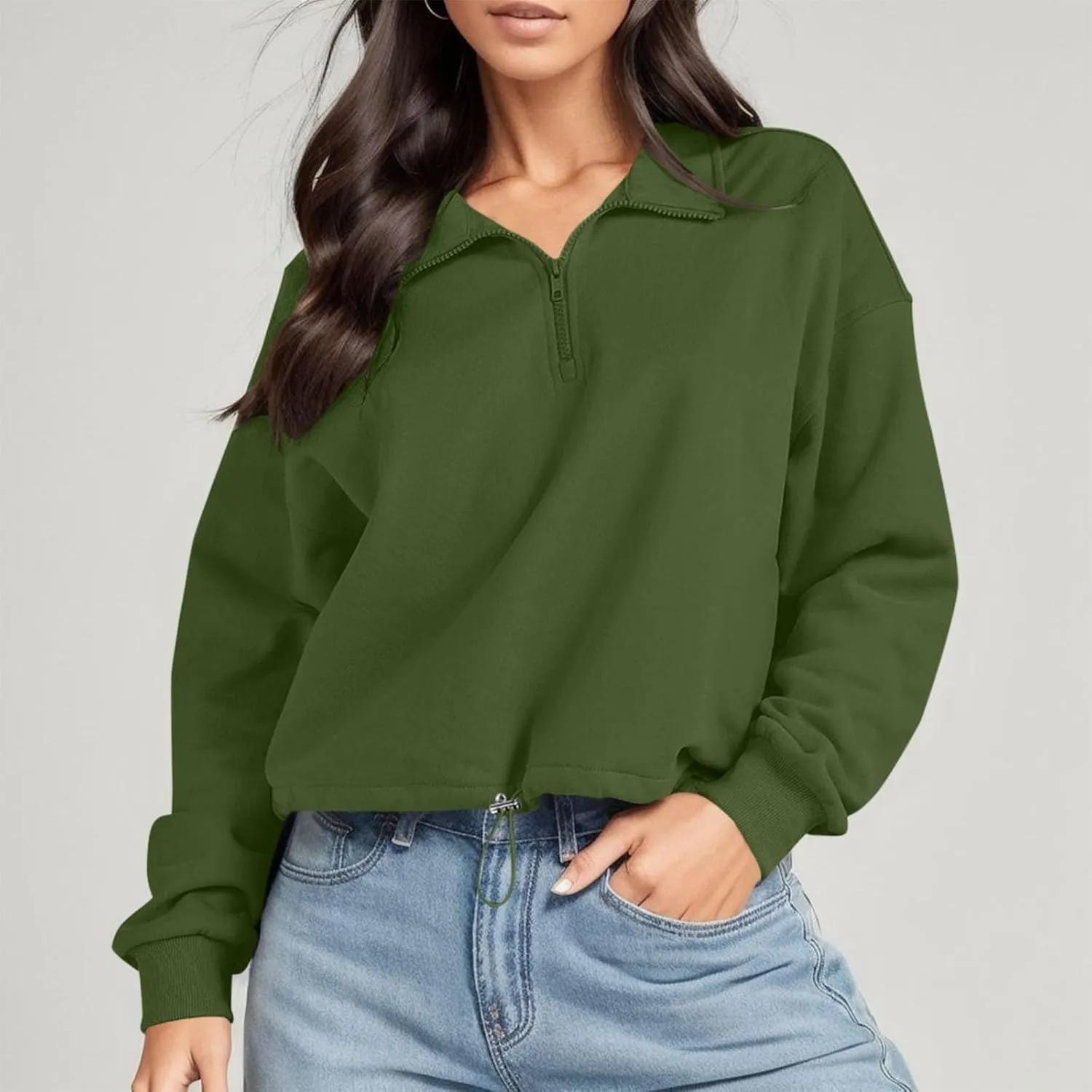 Womens Quarter Zip Pullover High Neck Sweatshirt Cropped Fleece Lined Long Sleeve Casual Tops Fall Winter Clothes