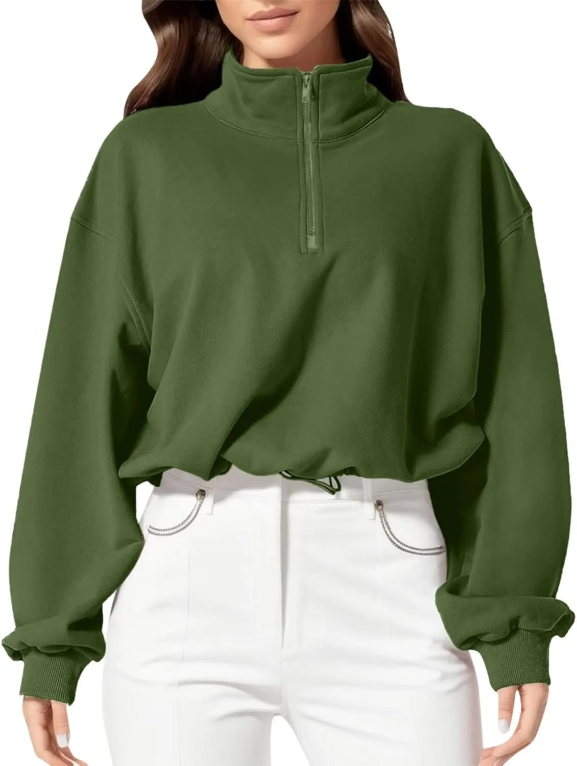 Womens Quarter Zip Pullover High Neck Sweatshirt Cropped Fleece Lined Long Sleeve Casual Tops Fall Winter Clothes
