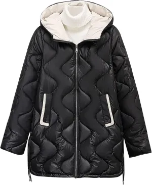 Women's Quilted Puffer Jacket with Hood Winter Warm Jackets Down Coat Parkas Fashion Padded Outerwear with Pockets