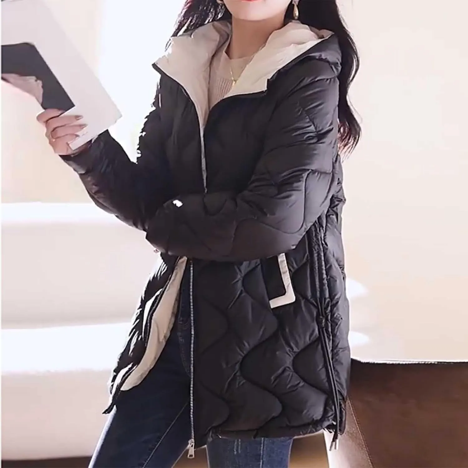 Women's Quilted Puffer Jacket with Hood Winter Warm Jackets Down Coat Parkas Fashion Padded Outerwear with Pockets