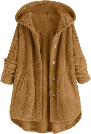 Womens Sherpa Hoodie Long Sleeve Teddy Bear Jacket Button Fluffy Pullover Fleece Faux Fur Cardigan Coats for Ladies