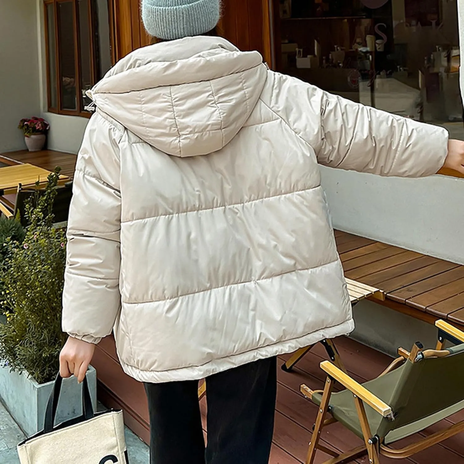Women's Solid Puffer Coat Baggy Short Down Jacket Zipper Thick Stand Collar Hooded Pockets Casual Winter Coats