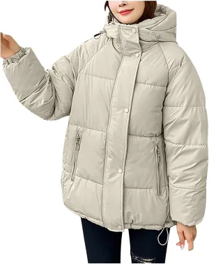 Women's Solid Puffer Coat Baggy Short Down Jacket Zipper Thick Stand Collar Hooded Pockets Casual Winter Coats