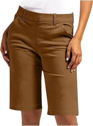 Womens Stretch Twill Shorts High Waisted Bermuda Shorts 2025 Summer Casual Knee Length Capri Pants with Pockets