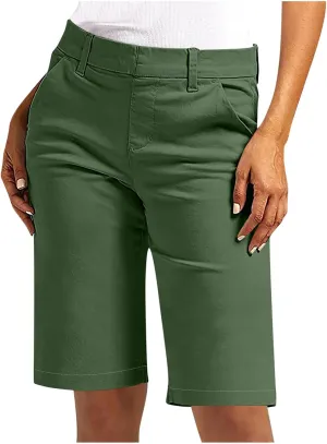 Womens Stretch Twill Shorts High Waisted Bermuda Shorts 2025 Summer Casual Knee Length Capri Pants with Pockets
