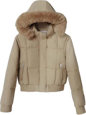 Womens Trendy Winter Jackets Casual Crop Quilted Puffer Coat Light Weight Long Sleeve Button Down Outerwear with Hood