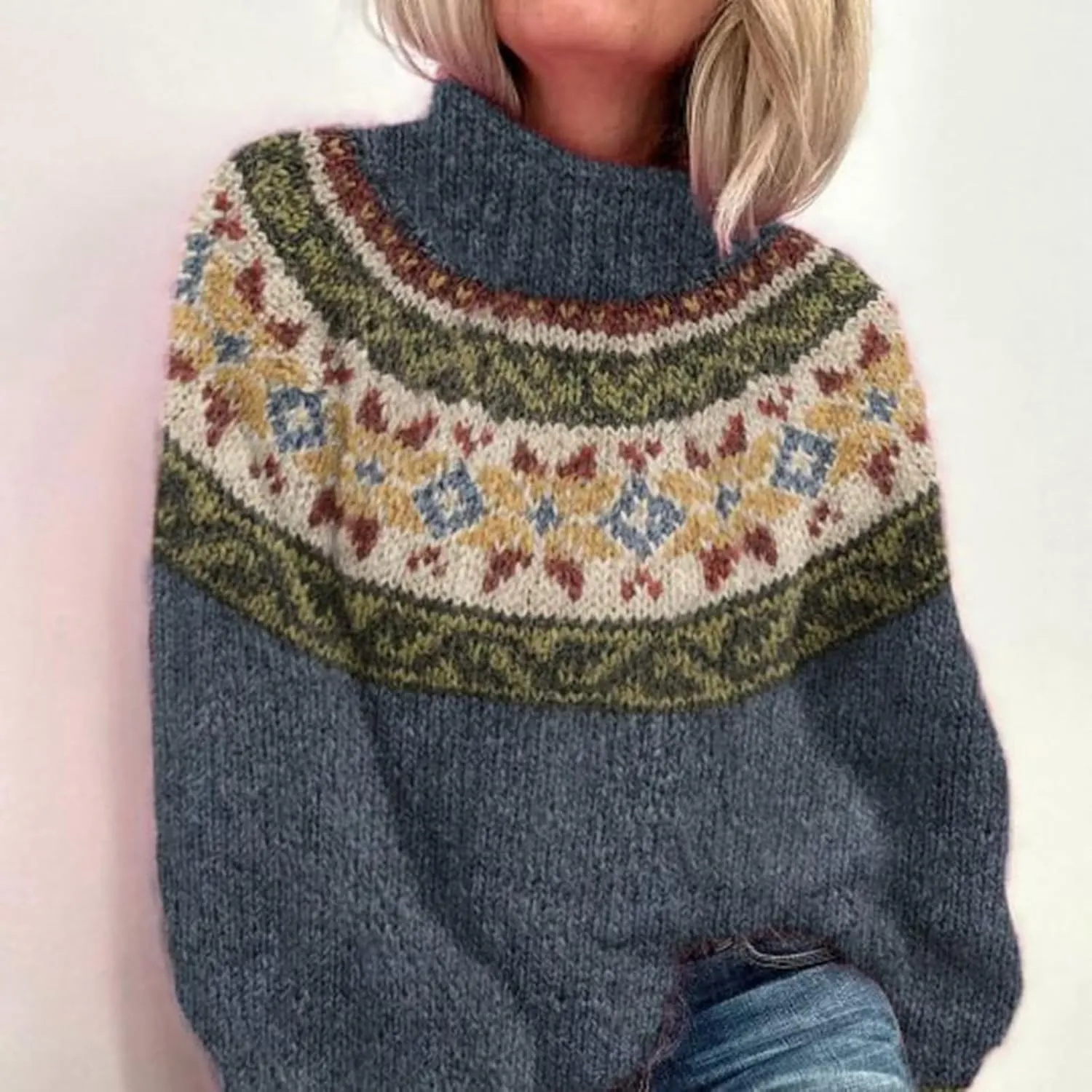 Womens Turtleneck Knitted Fair Isle Print Retro Sweater Long Sleeve Oversized Pullover Fall Sweaters for Women 2025