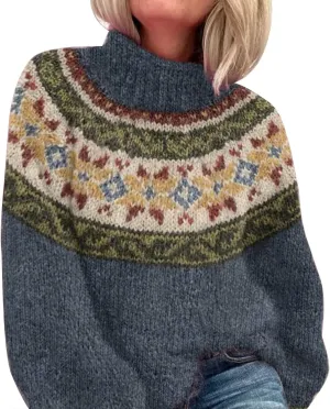Womens Turtleneck Knitted Fair Isle Print Retro Sweater Long Sleeve Oversized Pullover Fall Sweaters for Women 2025