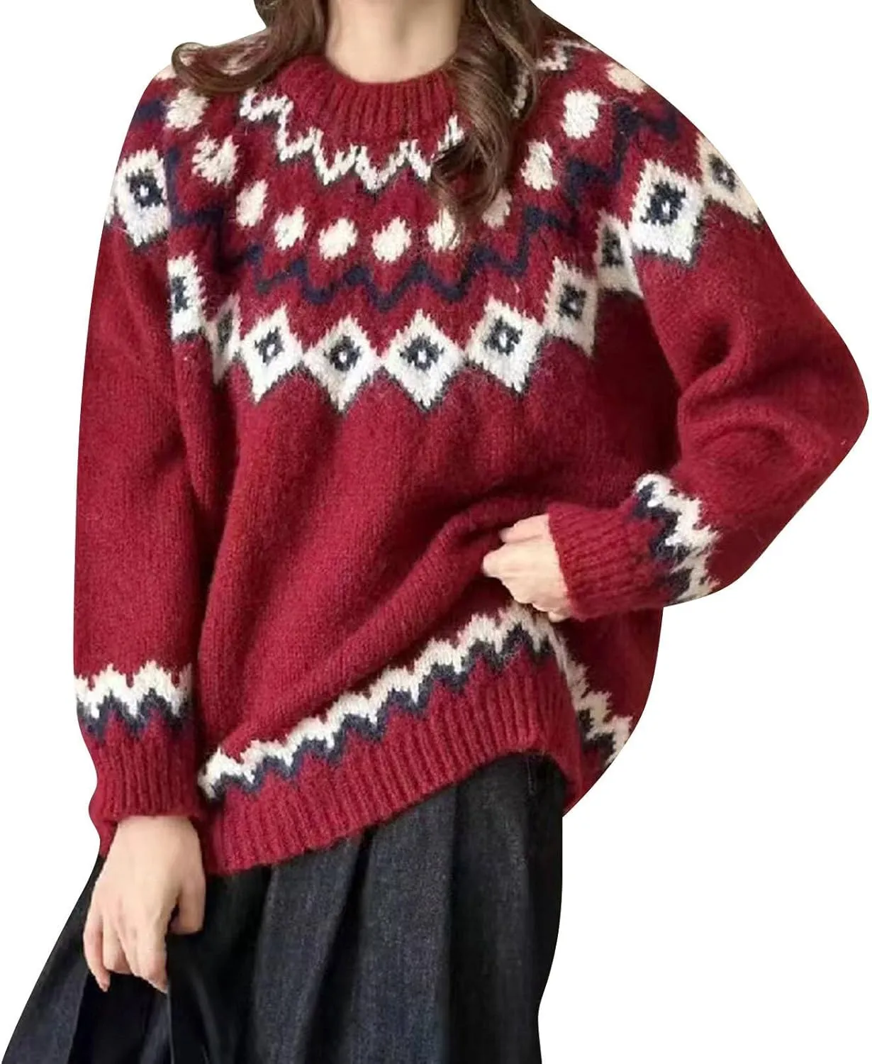 Womens Valentines Day Knitted Fair Isle Print Retro Sweater Long Sleeve Crewneck Sweater Fall Sweaters for Women 2024