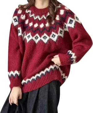 Womens Valentines Day Knitted Fair Isle Print Retro Sweater Long Sleeve Crewneck Sweater Fall Sweaters for Women 2024