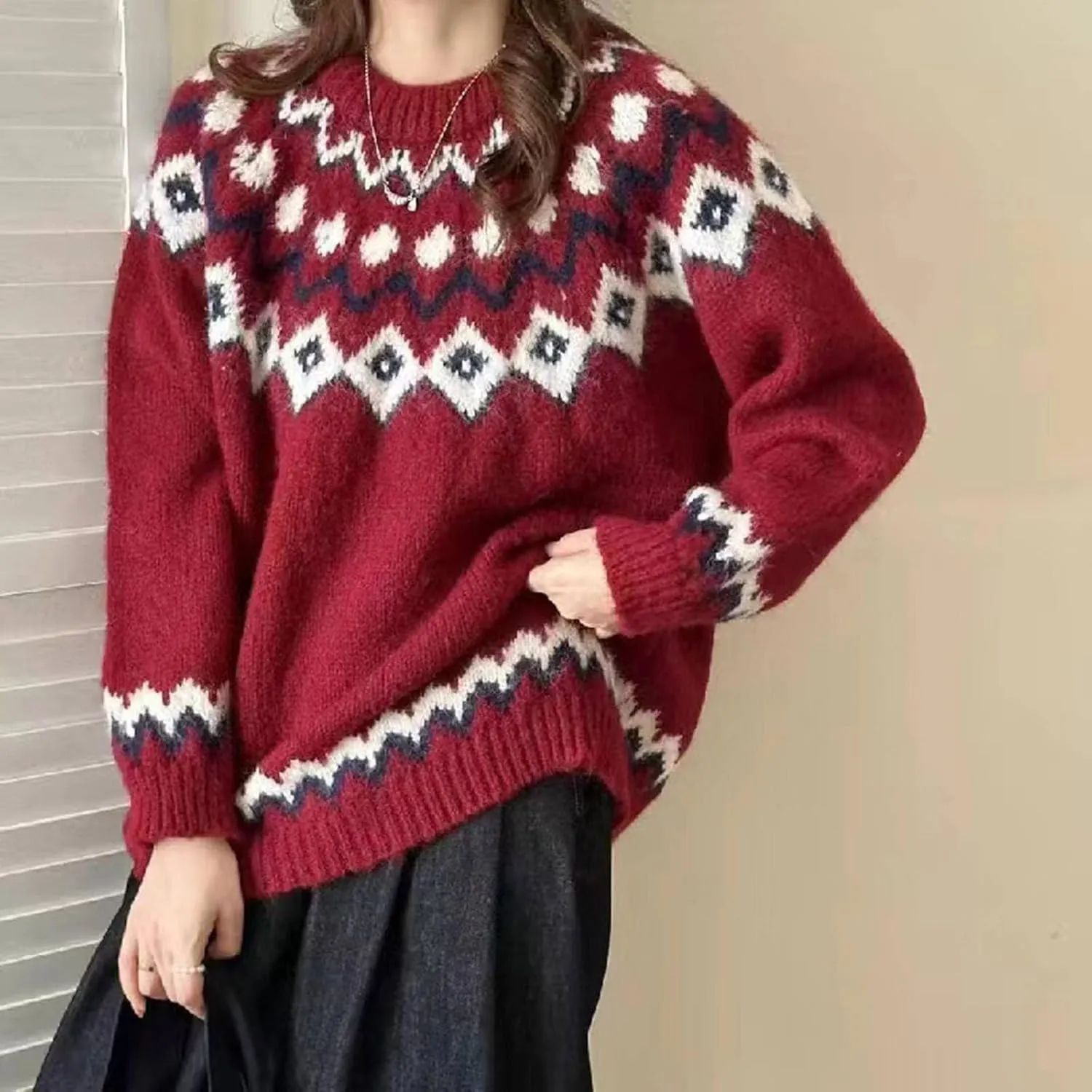 Womens Valentines Day Knitted Fair Isle Print Retro Sweater Long Sleeve Crewneck Sweater Fall Sweaters for Women 2024