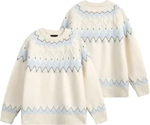 Women's Vintage Geometric Pattern Crewneck Fair Isle Knit Sweater Long Sleeve Chunky Cable Sweater Tops
