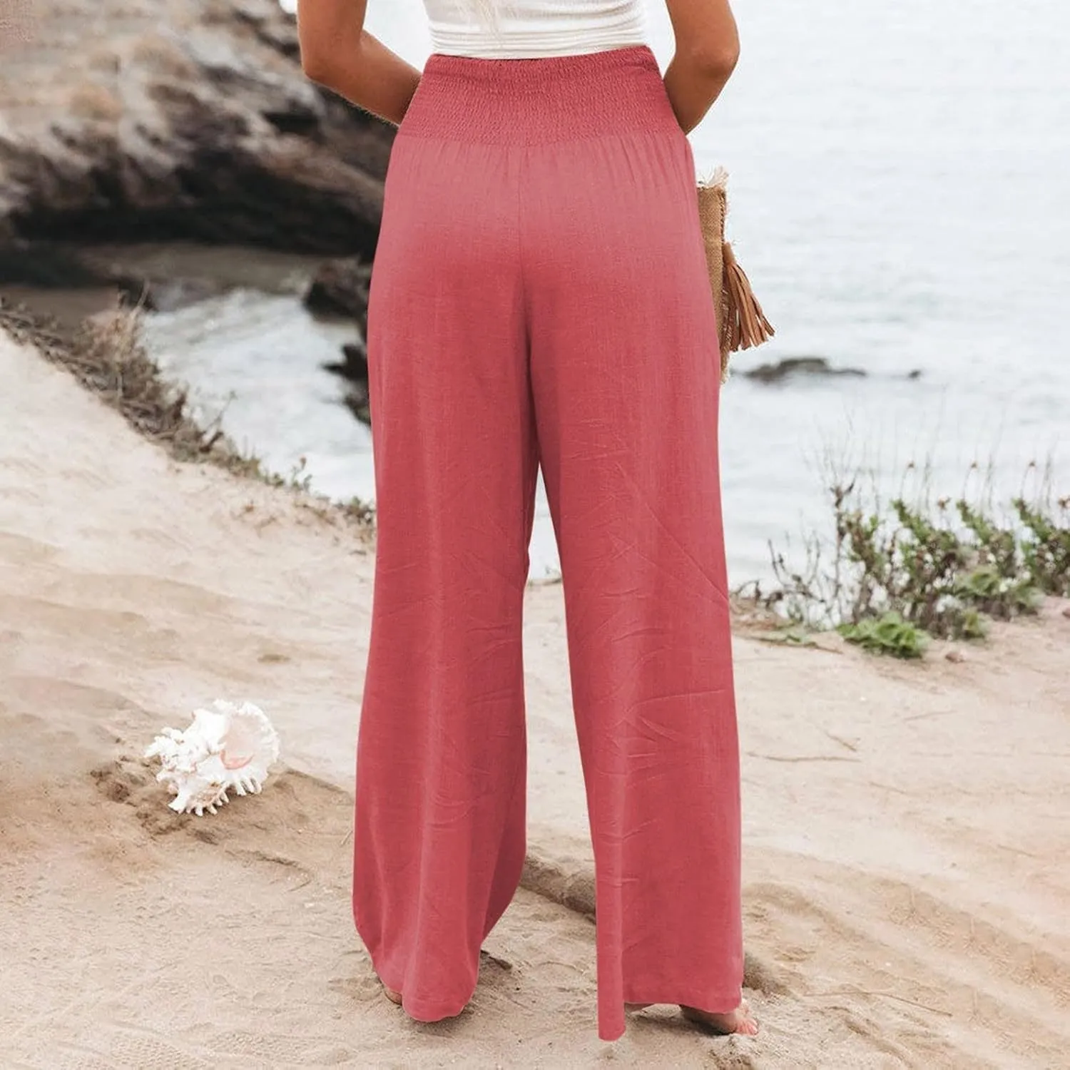 Womens Wide Leg Pants Linen Palazzo Pants Summer Boho Lounge Pant 2025 High Waist Beach Pants with Pocket