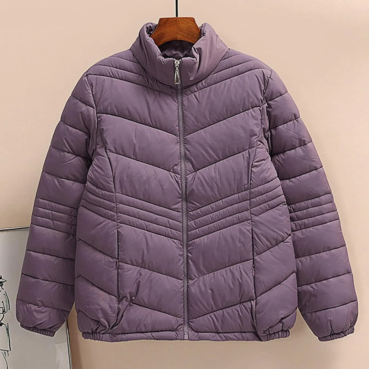 Women's Winter Casual Quilted Jackets Stand Collar Zip Up Short Down Puffer Jacket Padded Outerwear Coats with Pocket