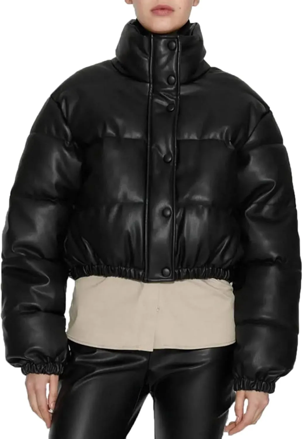 Women's Winter Fashion High Neck Down Jacket Crop Puffer Jacket Teen Girl Padded Jacket Y2K Pockets Baggy Short Coats