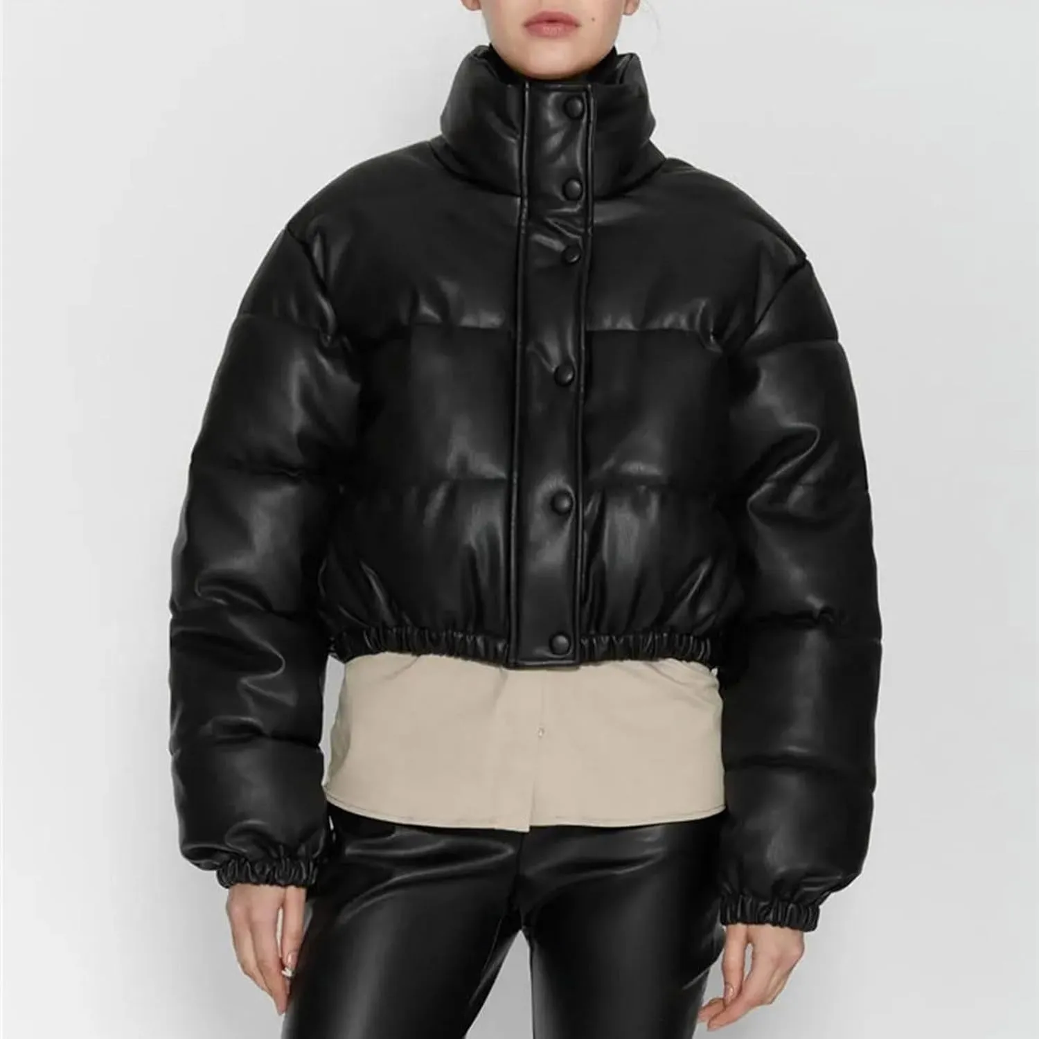 Women's Winter Fashion High Neck Down Jacket Crop Puffer Jacket Teen Girl Padded Jacket Y2K Pockets Baggy Short Coats