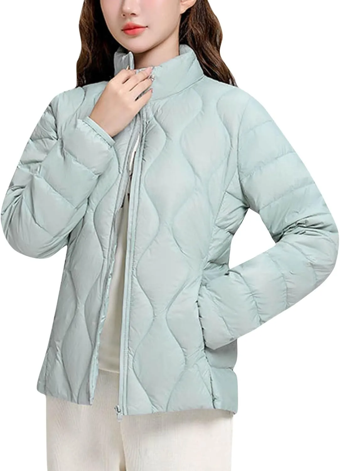 Women's Winter Lightweight Down Jacket Short Puffer Jacket Stand Collar Long Sleeved Warm Coats Padded Jacket