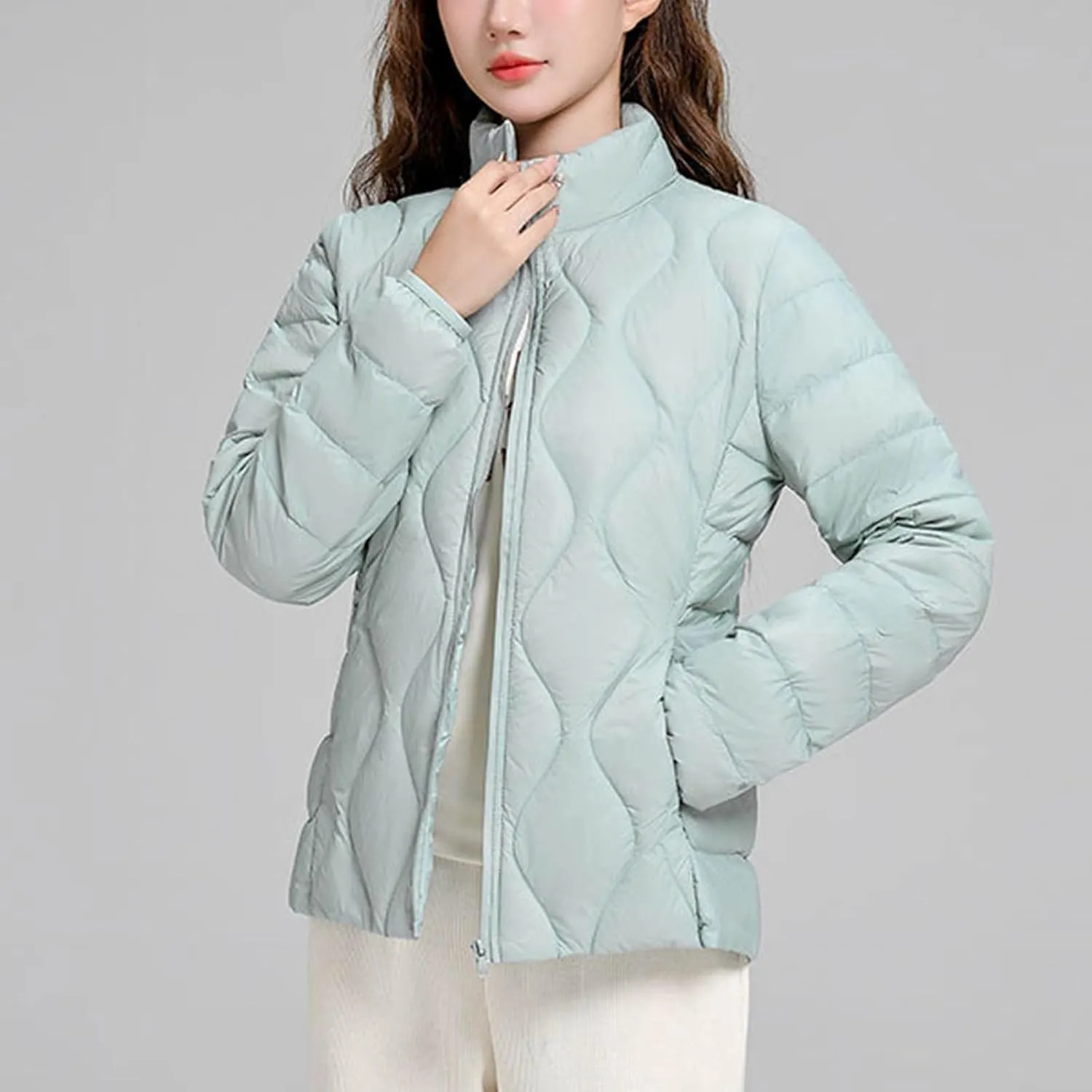 Women's Winter Lightweight Down Jacket Short Puffer Jacket Stand Collar Long Sleeved Warm Coats Padded Jacket